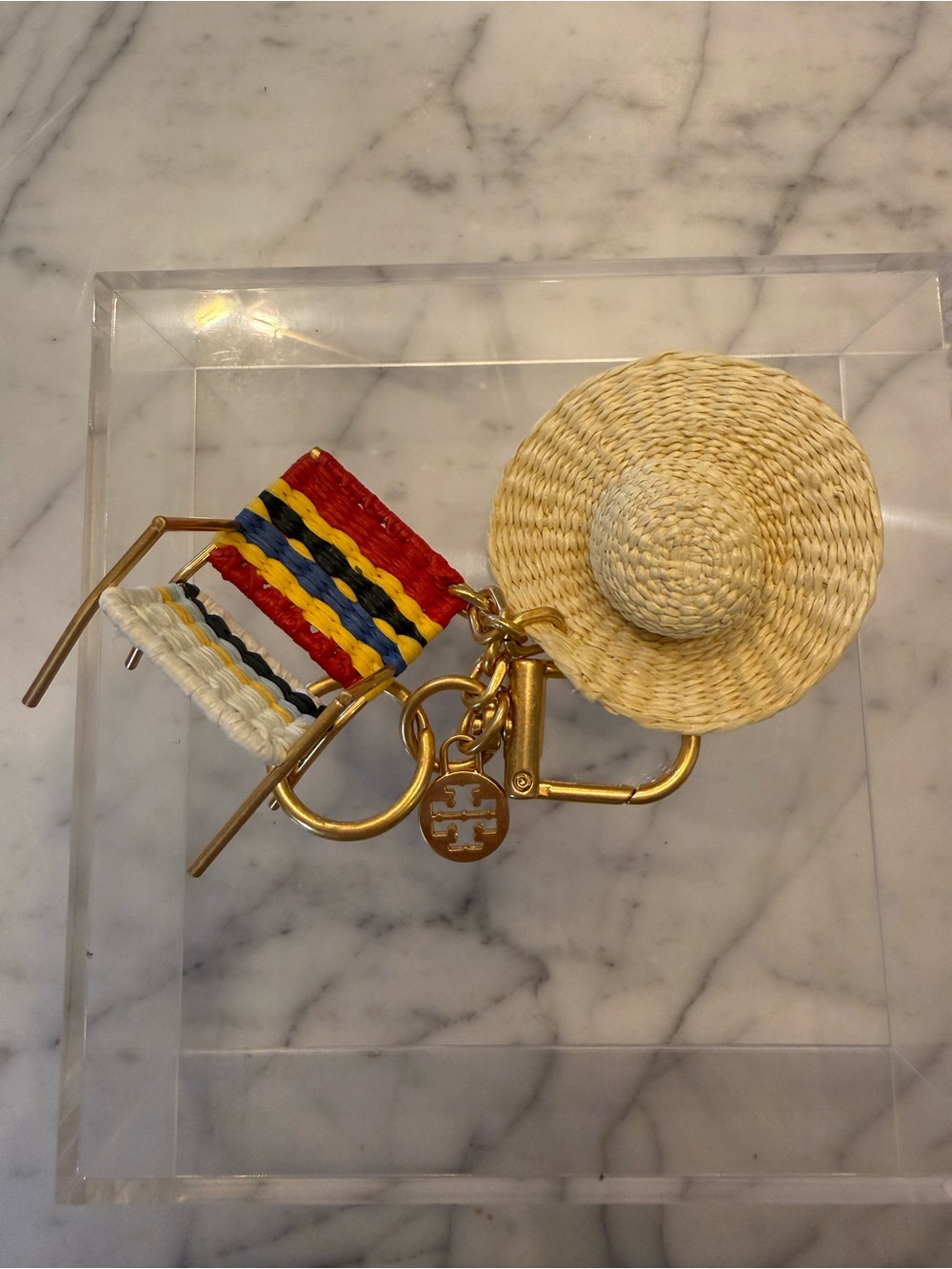 Tory Burch Straw Hat & Striped Chair Keychain - Natural, Red, Blue, Yellow